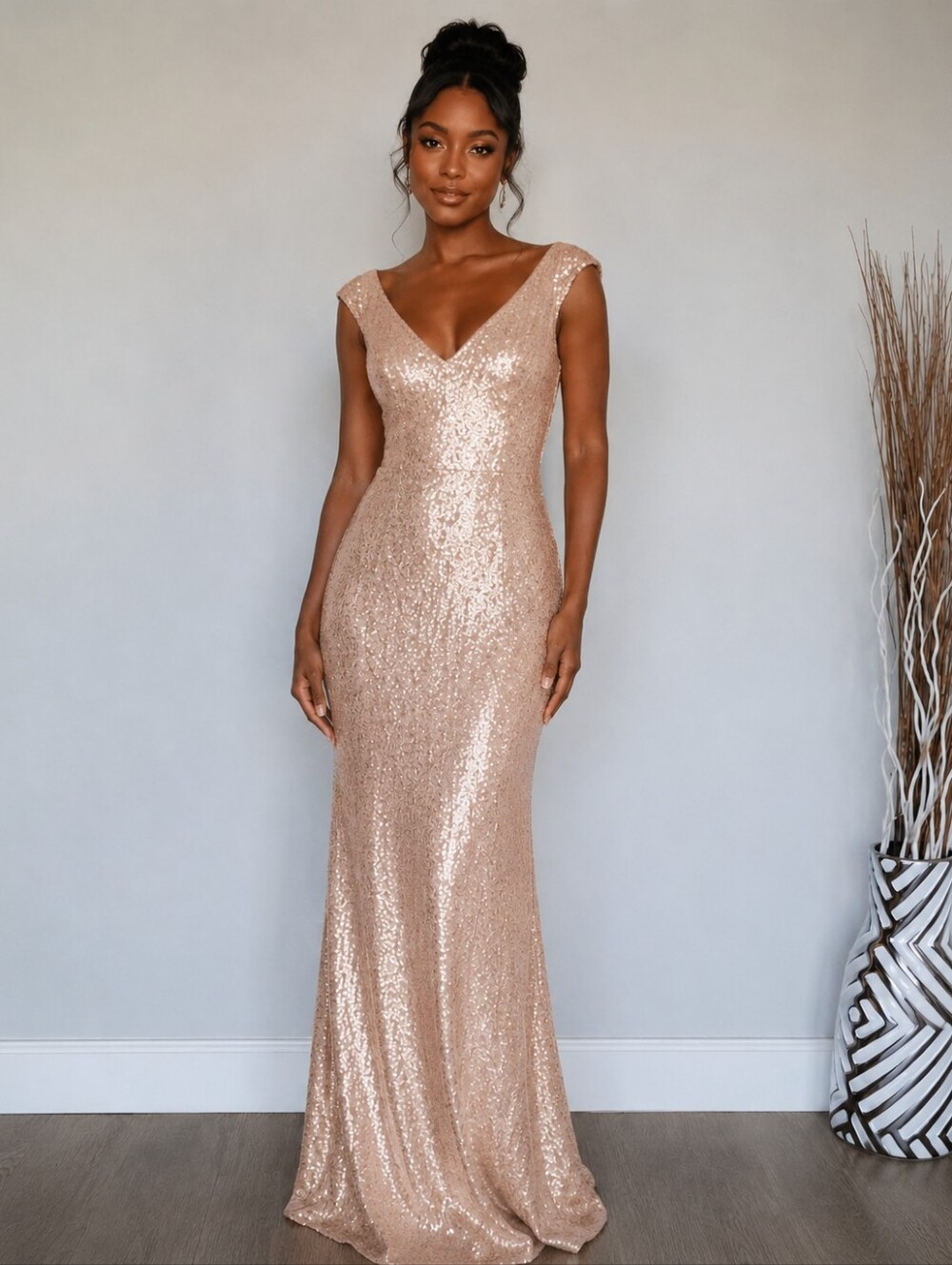 Bari Jay Gold Sequin Maxi Formal Prom Wedding Dress Size 14